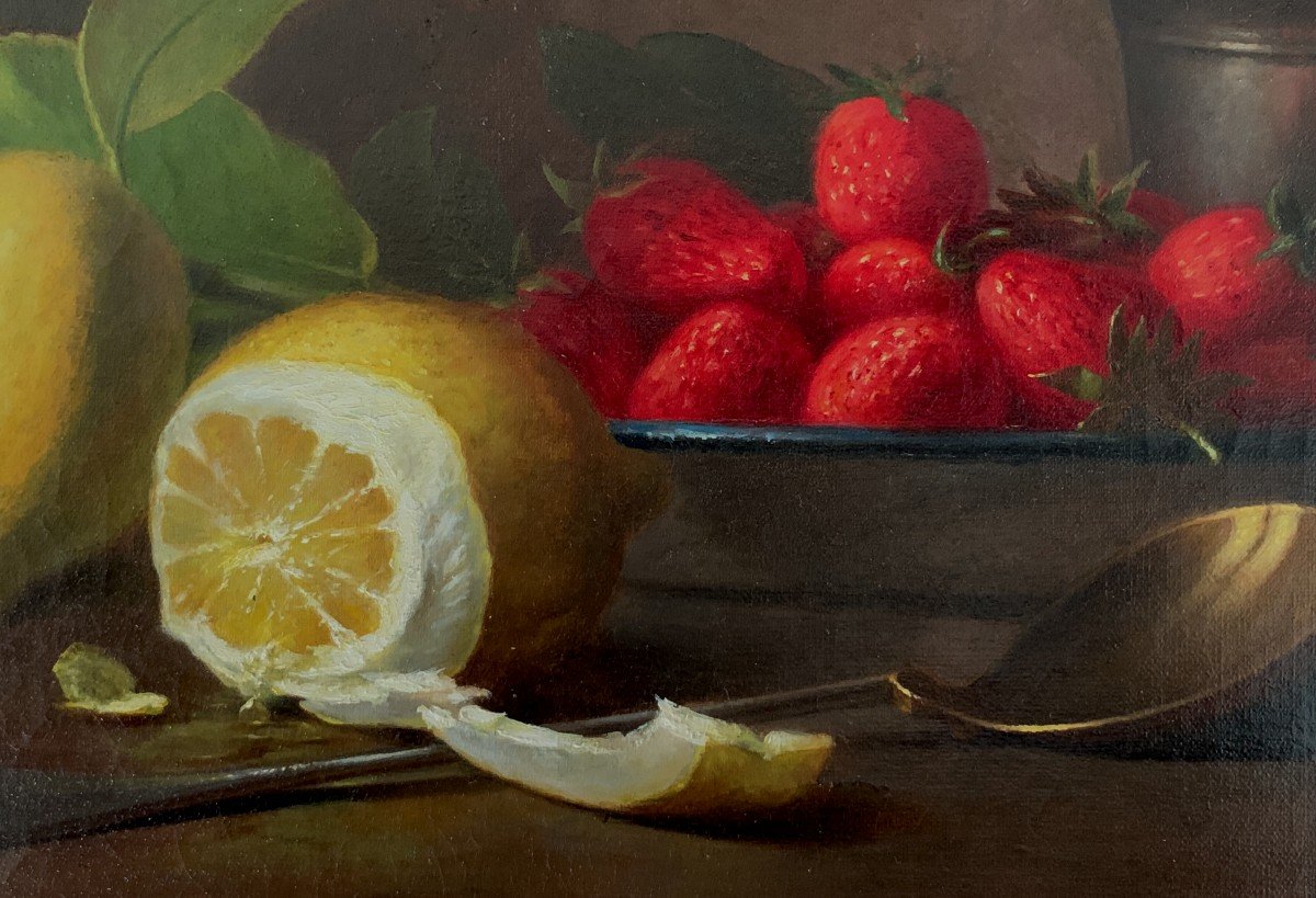 H.Raynaud?, Ecole Française 1900, Nature Morte Aux Fraises Et Au Citron, Huile Sur Toile-photo-3