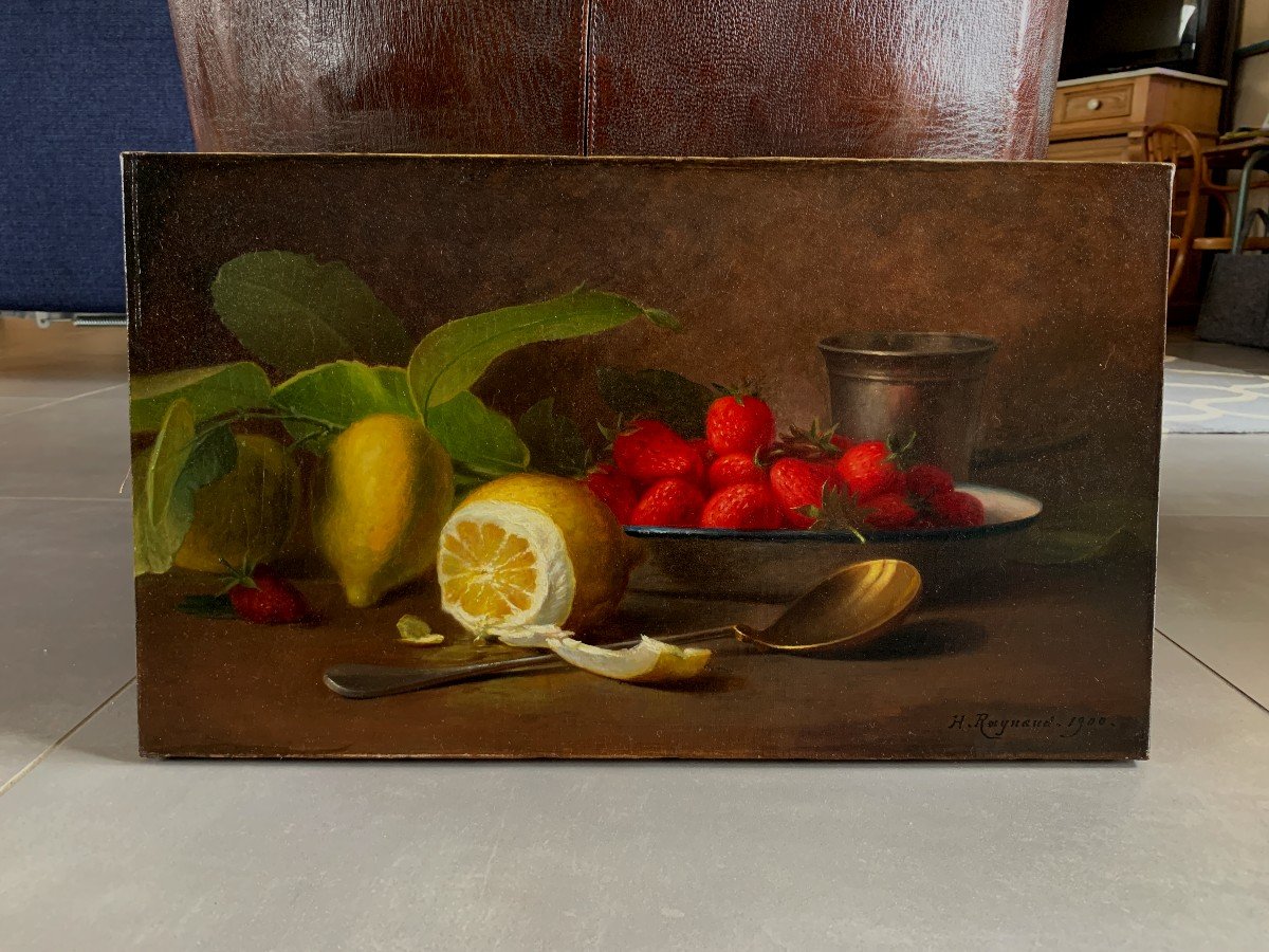 H.Raynaud?, Ecole Française 1900, Nature Morte Aux Fraises Et Au Citron, Huile Sur Toile-photo-4