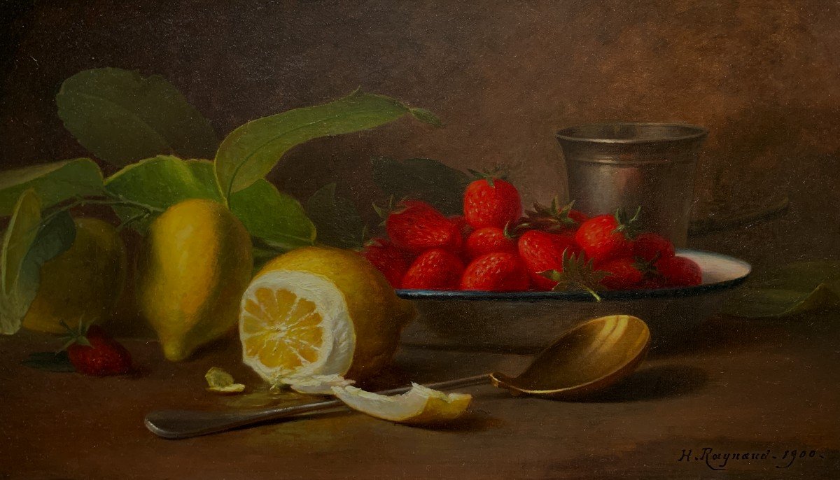 H.Raynaud?, Ecole Française 1900, Nature Morte Aux Fraises Et Au Citron, Huile Sur Toile