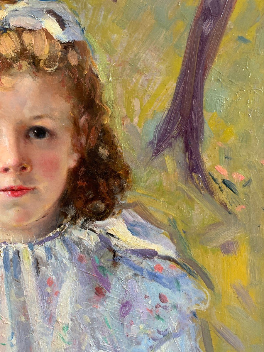 French Or American School Circa 1900, Portrait Of Young Girl With Ribbon, Oil On Canvas-photo-4