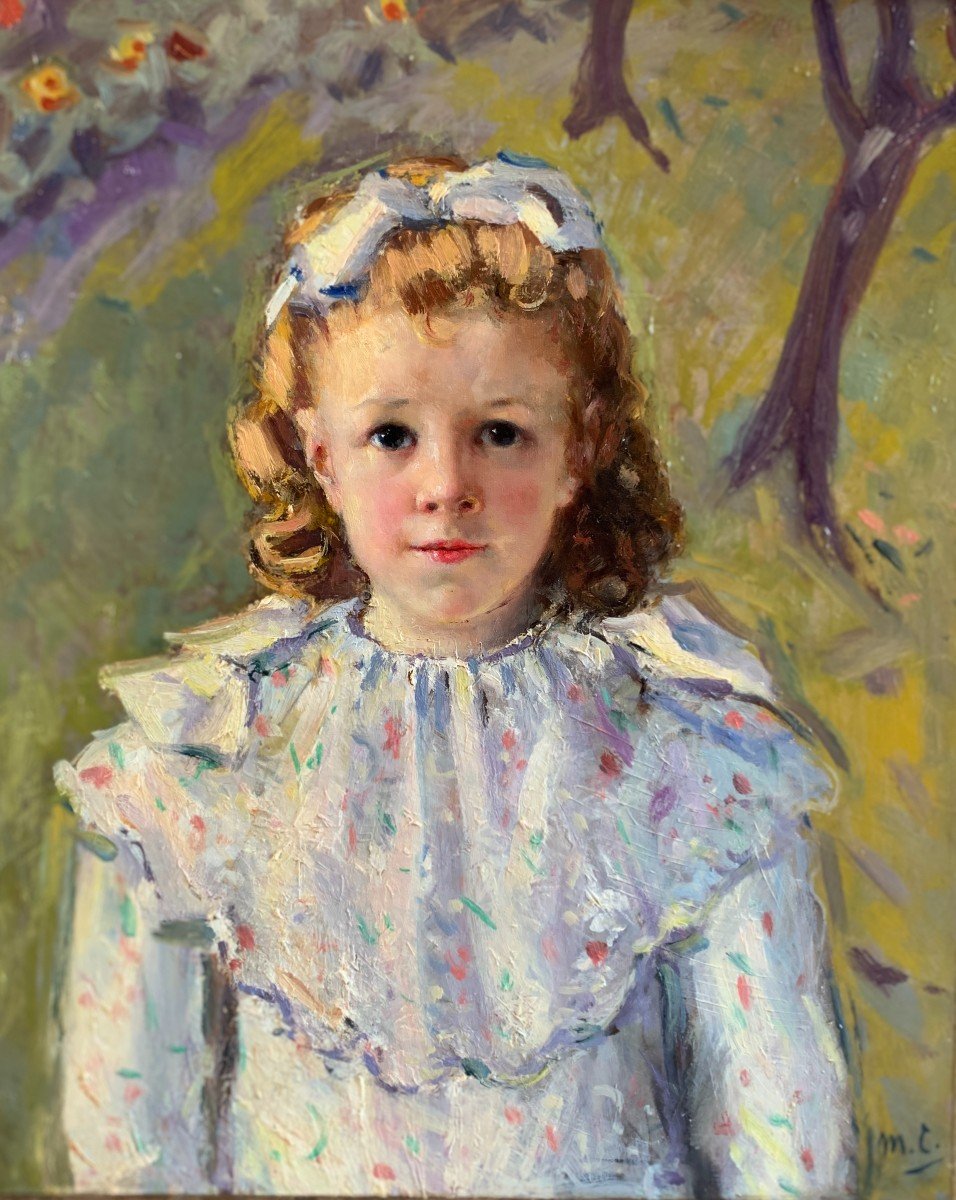 French Or American School Circa 1900, Portrait Of Young Girl With Ribbon, Oil On Canvas