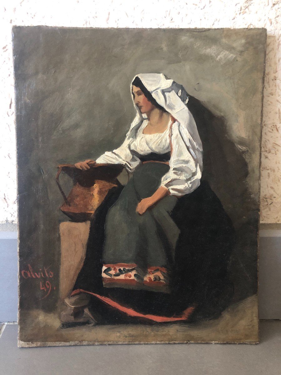 Ecole Française ou Italienne Milieu XIXe, Portrait d'Italienne à Alvito, 1849, Huile Sur Papier-photo-4