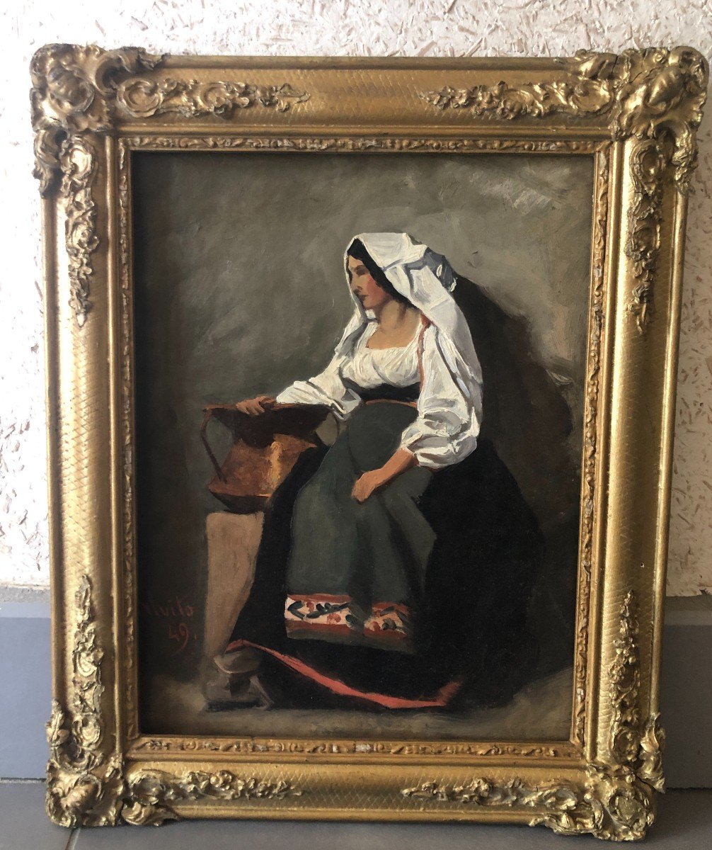 Ecole Française ou Italienne Milieu XIXe, Portrait d'Italienne à Alvito, 1849, Huile Sur Papier-photo-1