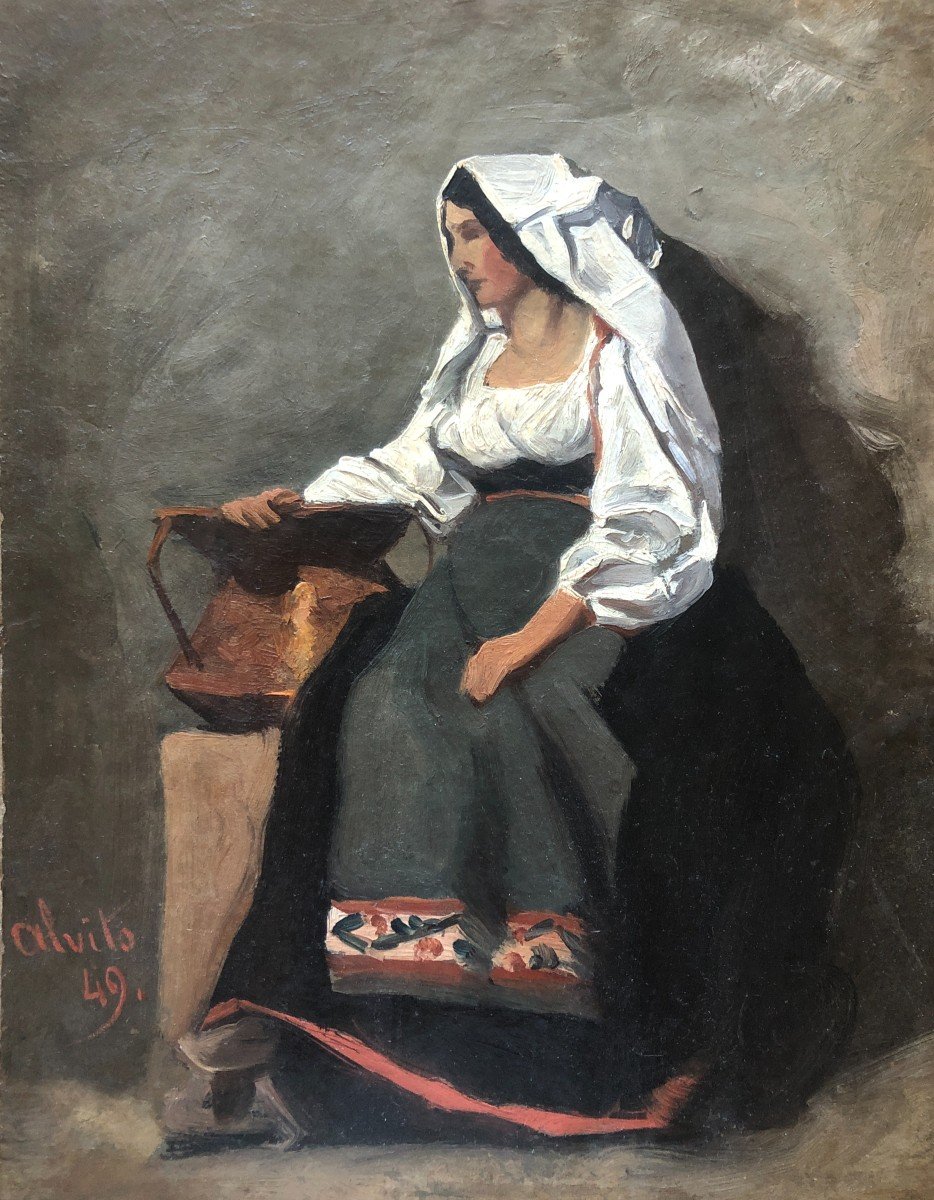 Ecole Française ou Italienne Milieu XIXe, Portrait d'Italienne à Alvito, 1849, Huile Sur Papier