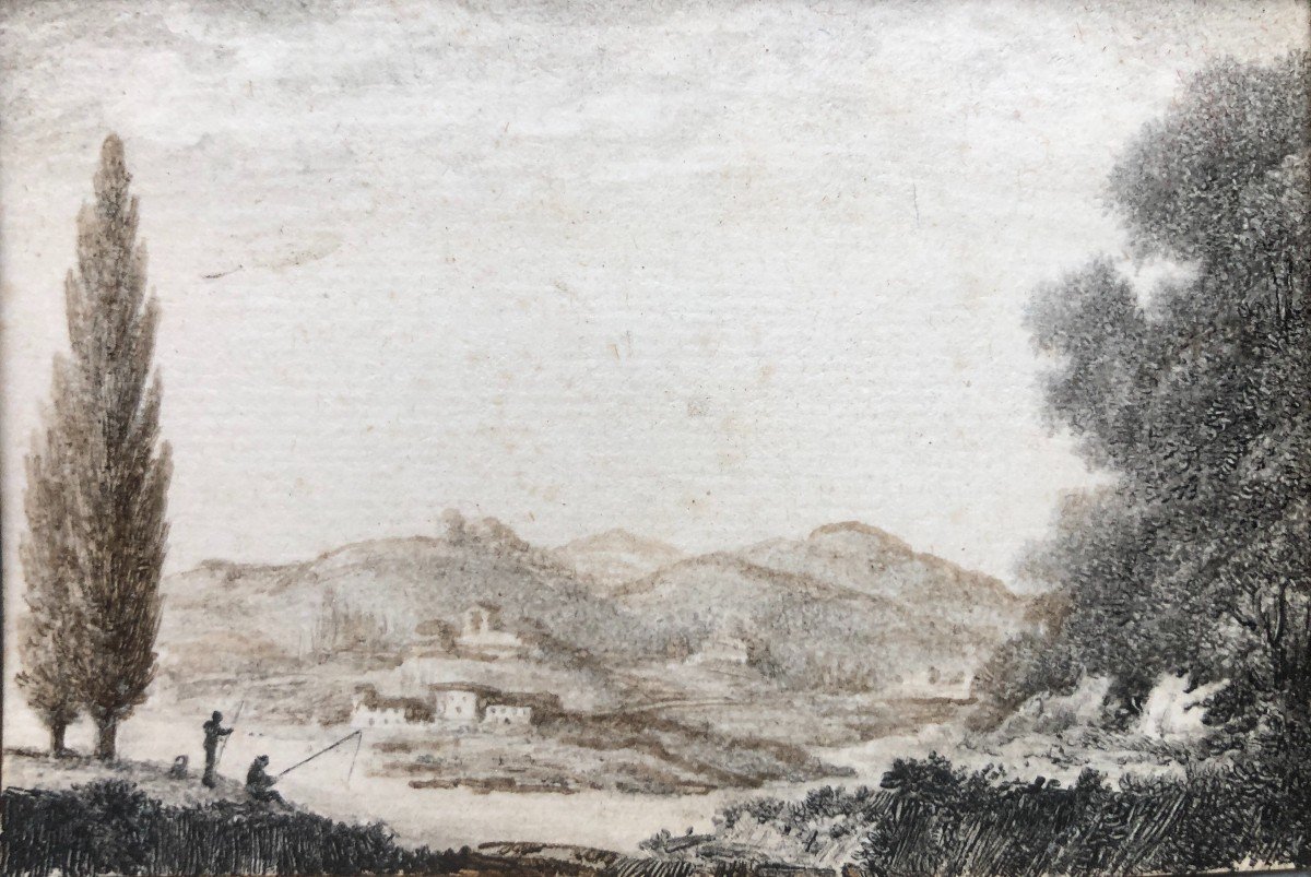 French Or Italian School Around 1800, Italian Landscape?, Ink And Wash Drawing, Miniature