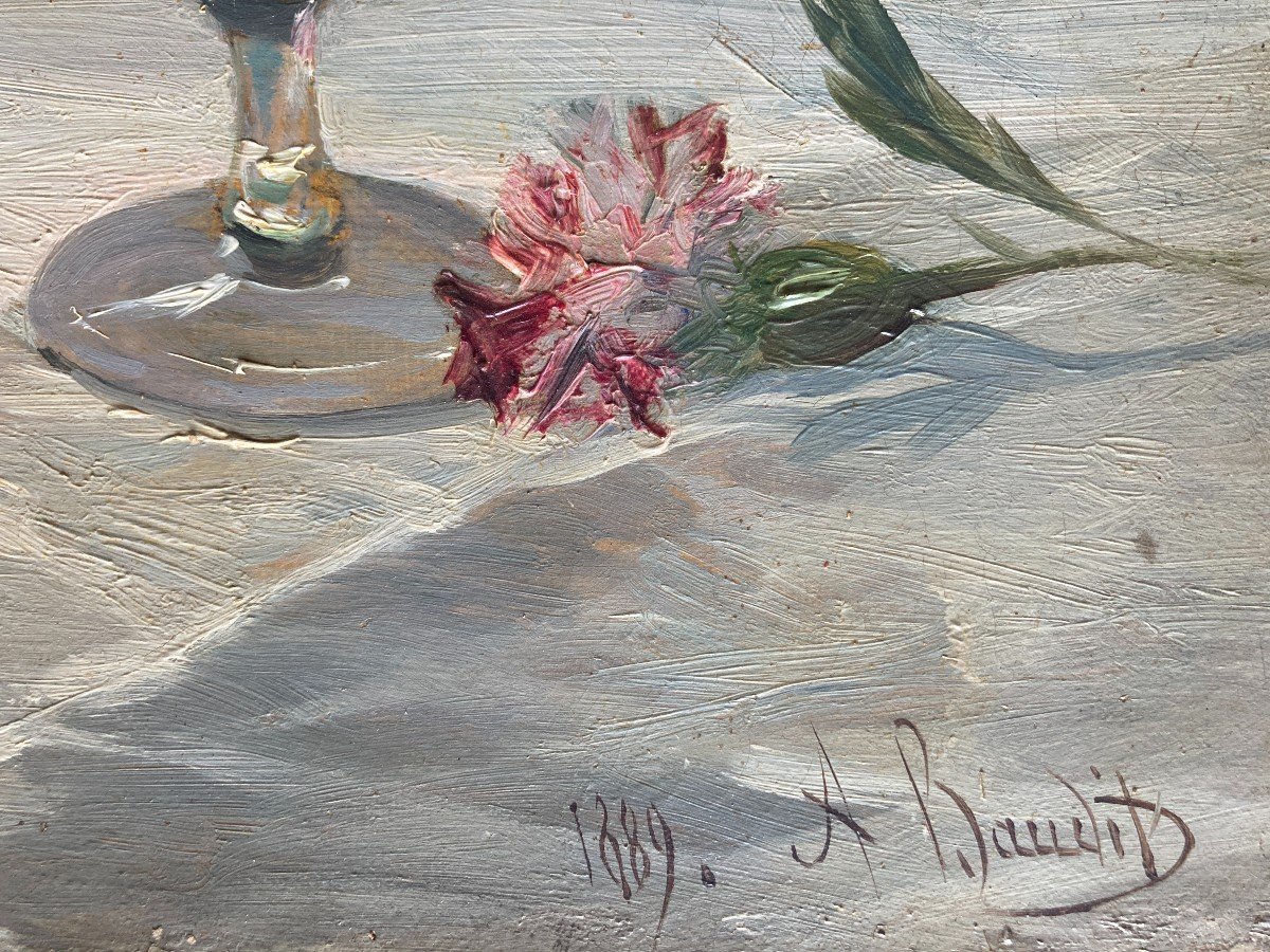 Amédée Baudit (1825-1890), Bouquet De Fleurs: Oeillets Et Bleuets Dans Un Vase, Huile Sur Toile-photo-3