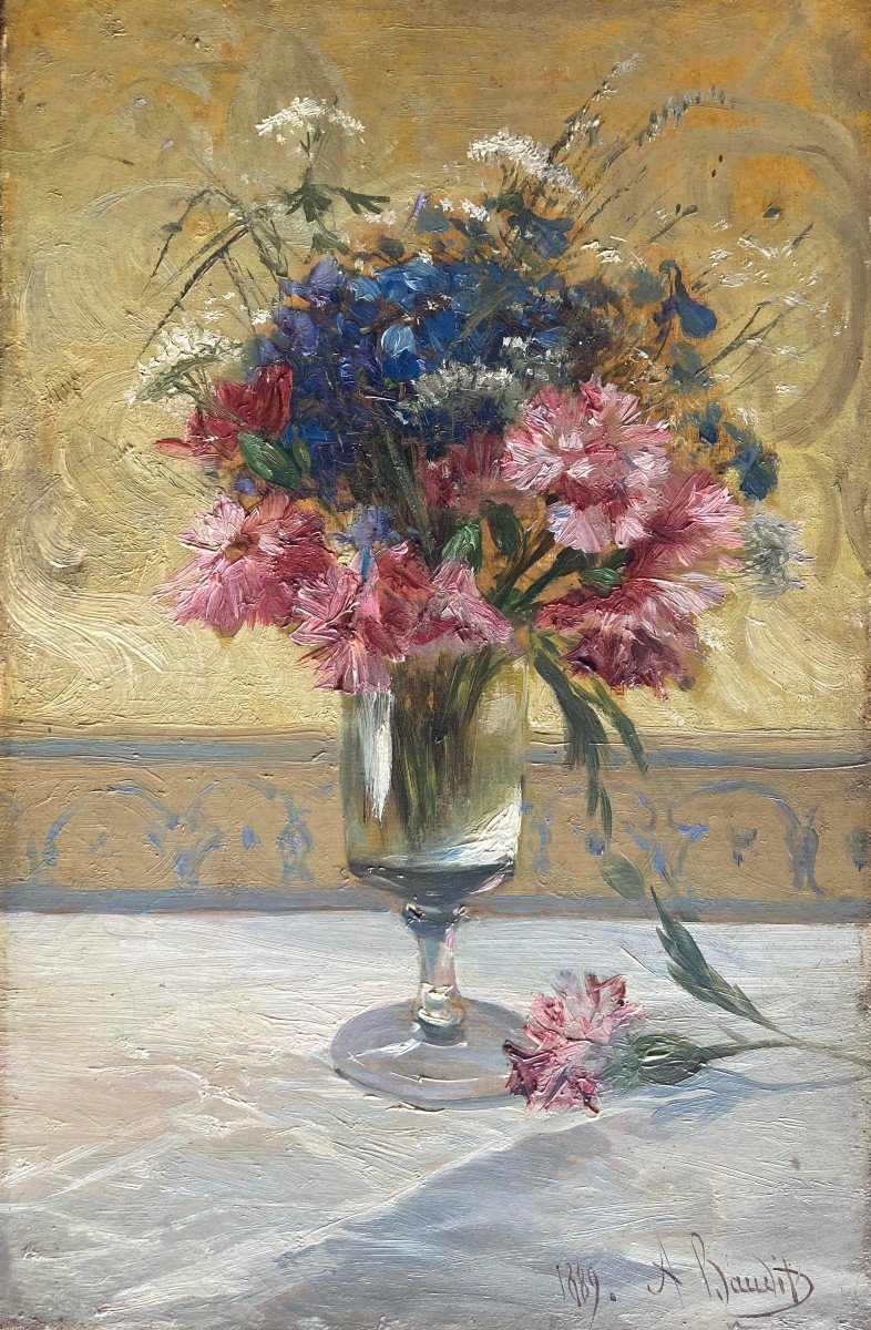 Amédée Baudit (1825-1890), Bouquet De Fleurs: Oeillets Et Bleuets Dans Un Vase, Huile Sur Toile