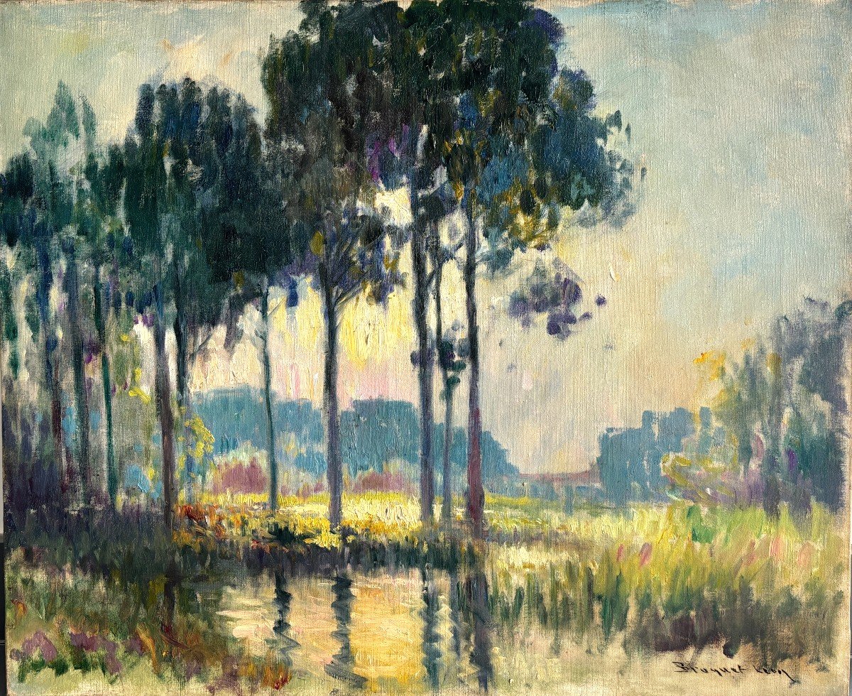 Léon Broquet (1869-1935), Paysage En Bord De Rivière, l'été?, Huile Sur Toile, Impressionnisme 
