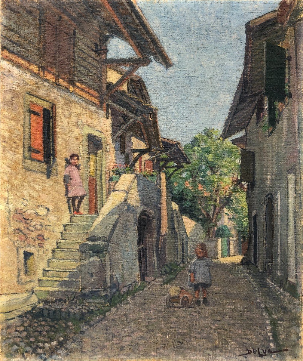 John Henri Deluc (1868-1958), Paysage De Rue Animé, Peintre Suisse, Huile Sur Toile