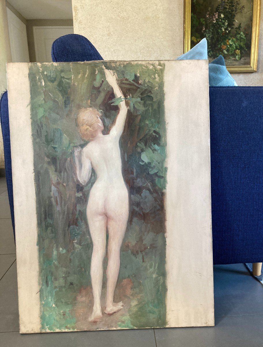 French School Circa 1900, Big Study Of A Nude Woman From The Back: Sketch, Oil On Canvas-photo-2