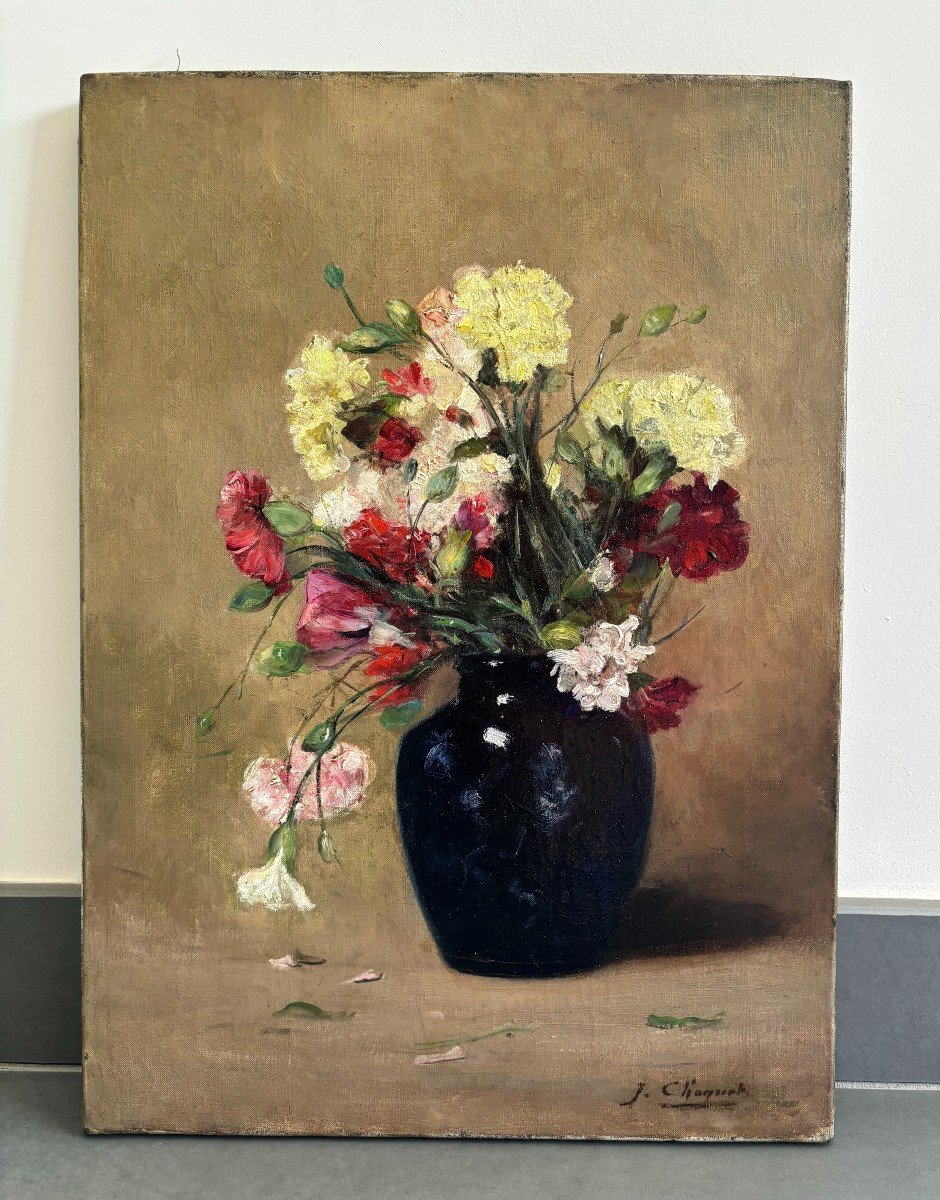 Jules Charles Choquet (paris 1846-1937), Bouquets d'Oeillets, Fleurs, Huile Sur Toile-photo-2