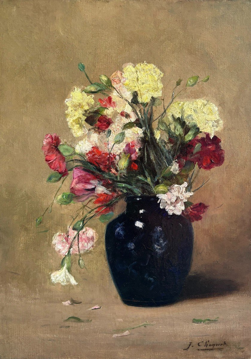 Jules Charles Choquet (paris 1846-1937), Bouquets d'Oeillets, Fleurs, Huile Sur Toile