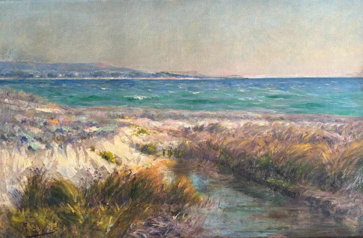 P.asluc? , Large Seaside Landscape: Presumed View Of The Surroundings Of Toulon, Oil On Canvas