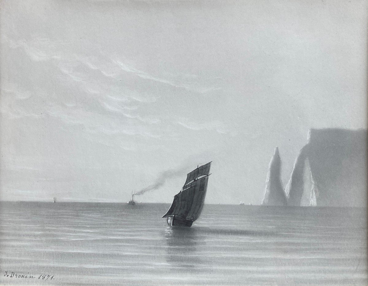 J.drouin, Sailboat Off Etretat, Normandy, 19th Century Drawing