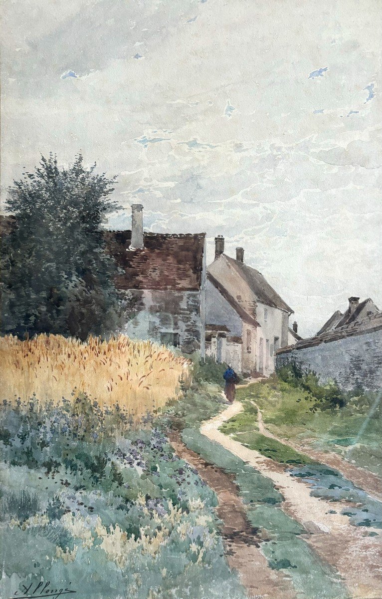 Auguste Allongé (1833-1898), Paysage Au Hameau Animé, Grande Aquarelle, Dessin