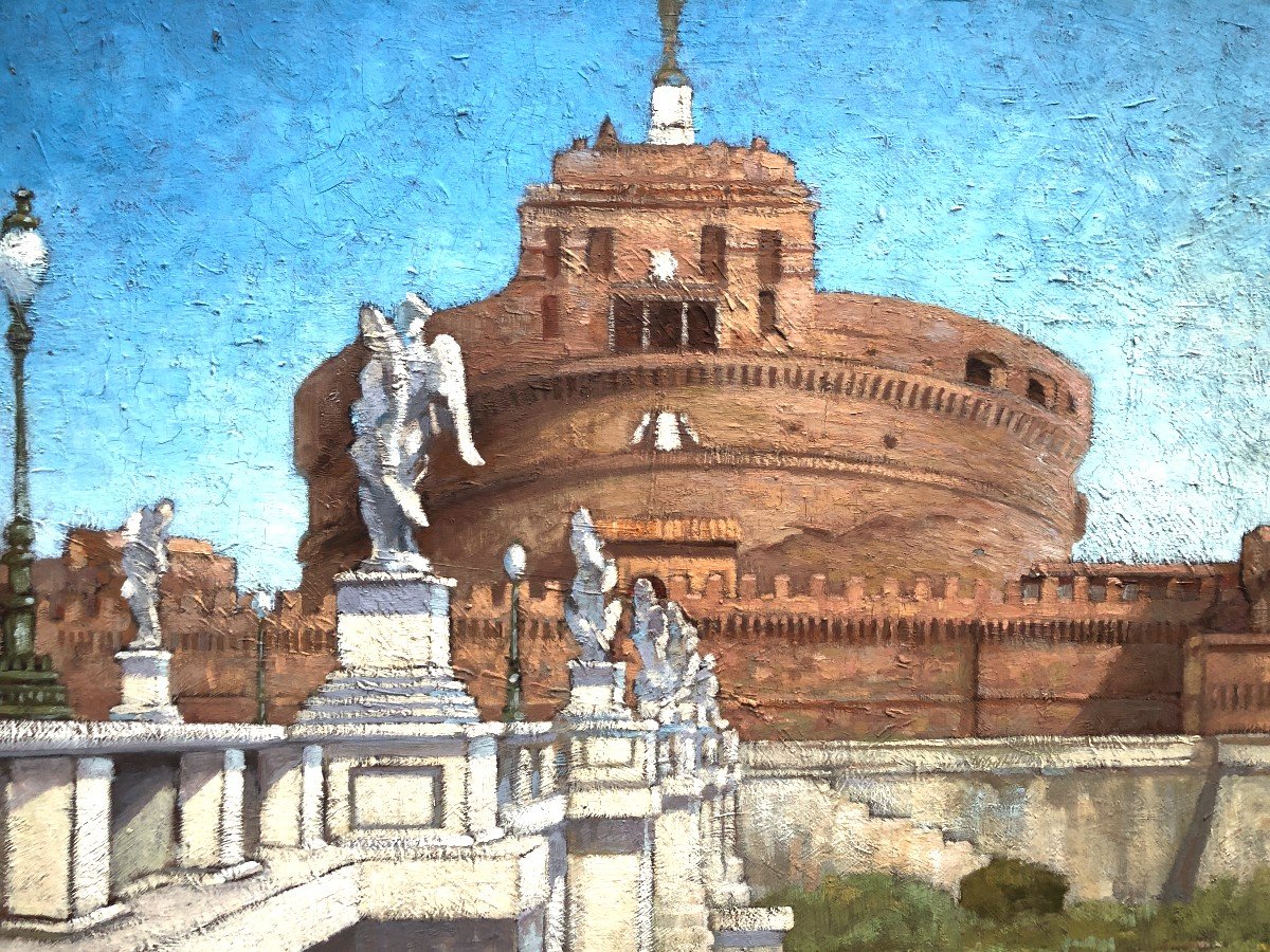 French School Around 1930, The Castel Sant'angelo In Rome, Italy, Oil On Cardboard-photo-2