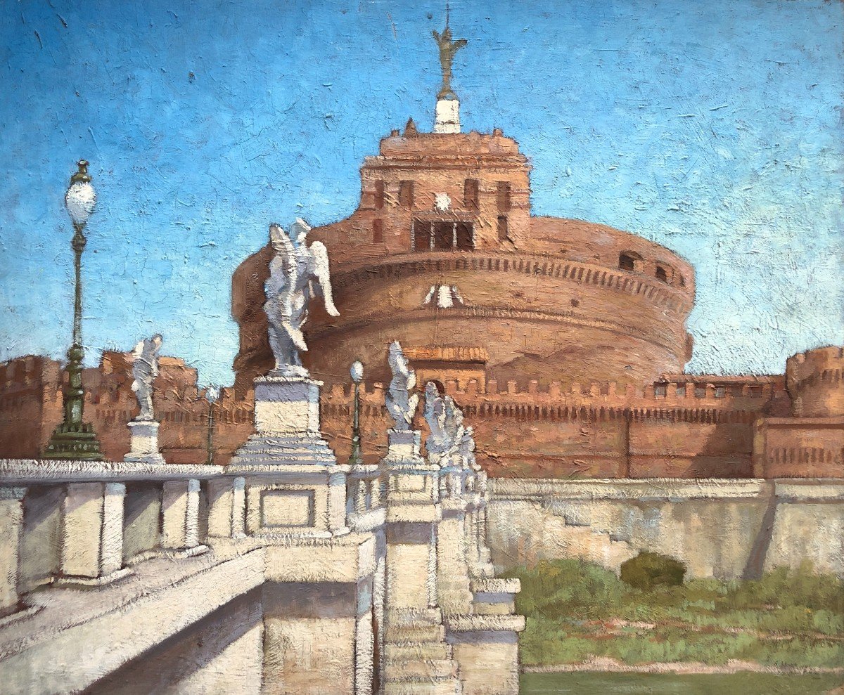 French School Around 1930, The Castel Sant'angelo In Rome, Italy, Oil On Cardboard