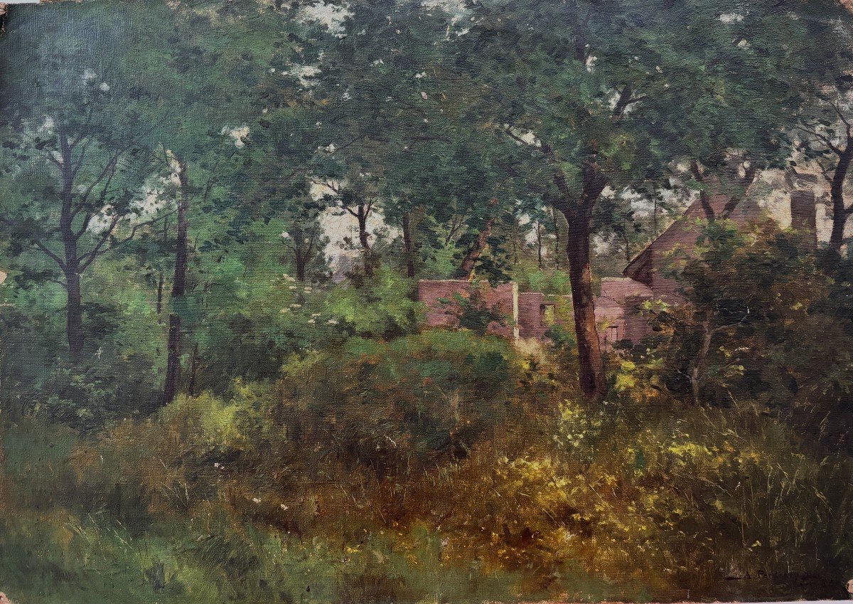 Arthur Perdreau (19th-20th Century), Houses In The Undergrowth, Barbizon School, Oil On Canvas