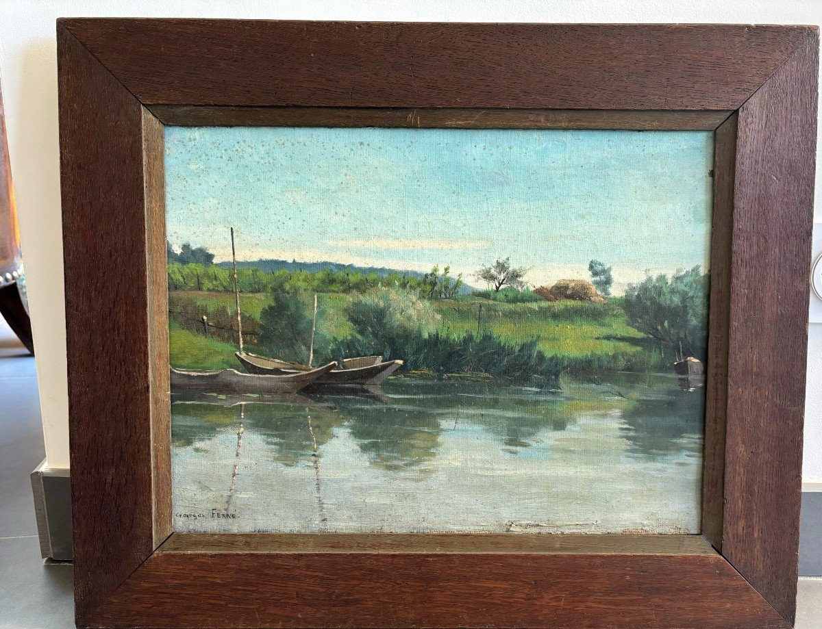 Georges Ferré (1853-1924), Paysage de campagne: Barques Sur Un étang , Huile Sur Toile-photo-2