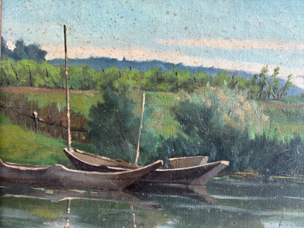 Georges Ferré (1853-1924), Paysage de campagne: Barques Sur Un étang , Huile Sur Toile-photo-3