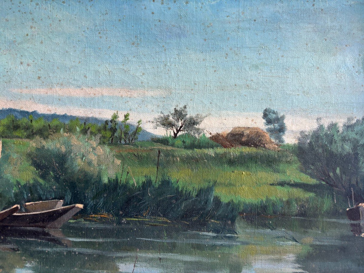 Georges Ferré (1853-1924), Paysage de campagne: Barques Sur Un étang , Huile Sur Toile-photo-4