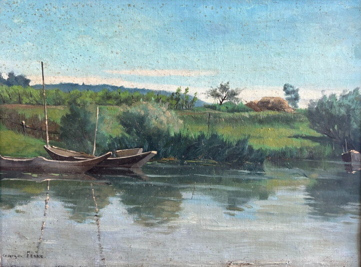 Georges Ferré (1853-1924), Paysage de campagne: Barques Sur Un étang , Huile Sur Toile