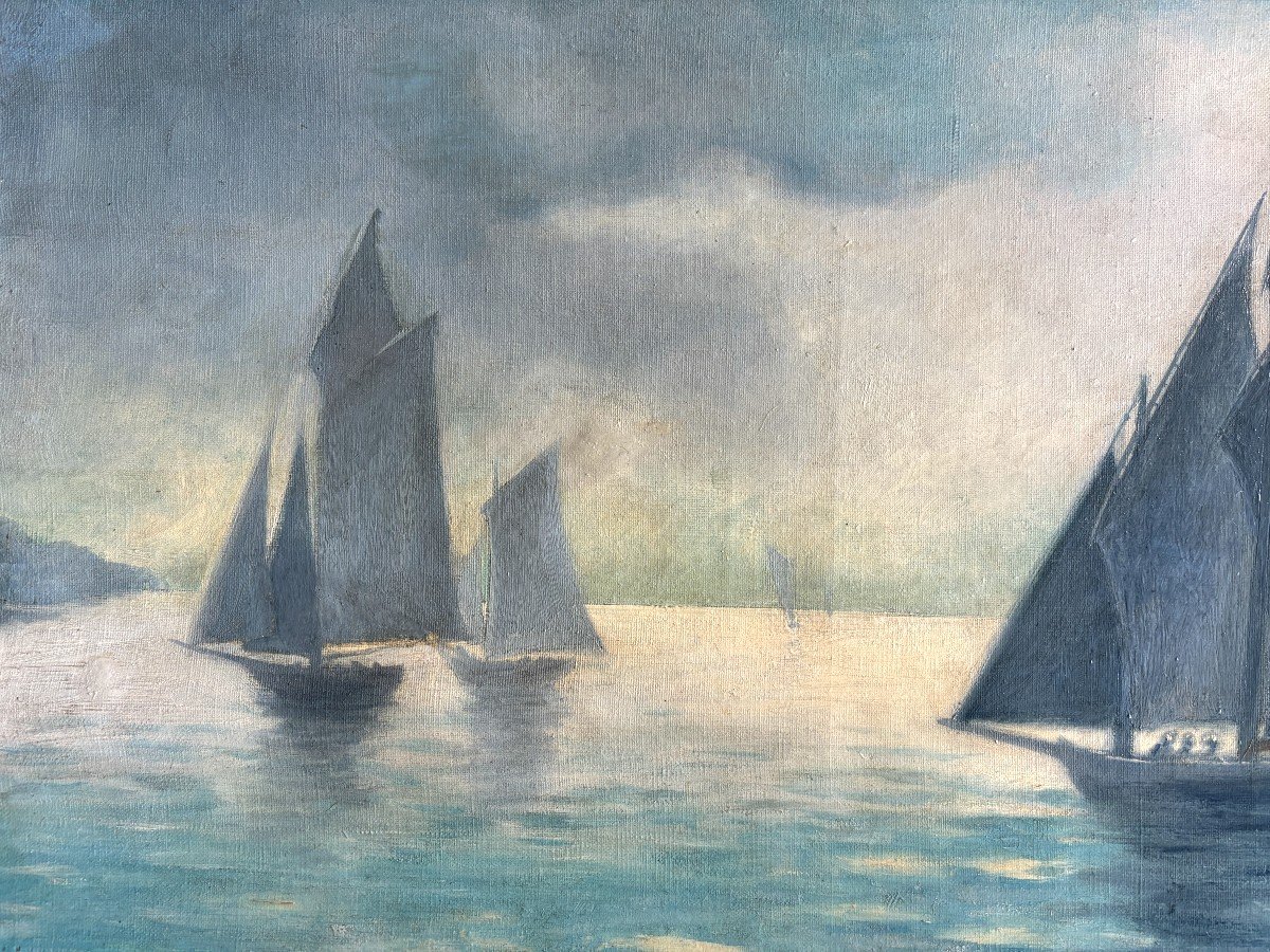 Breton School, 1908, Marine: Boats Offshore, Oil On Canvas-photo-3