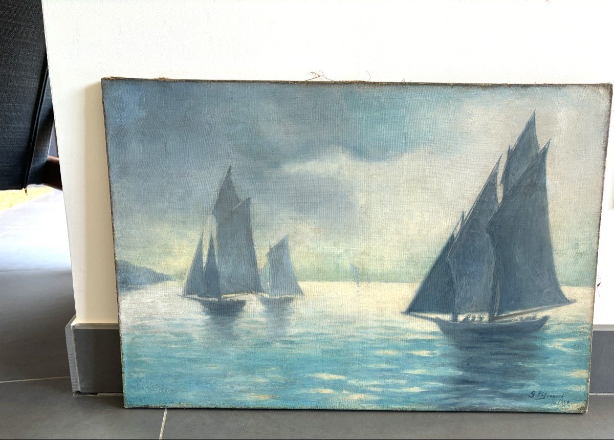 Breton School, 1908, Marine: Boats Offshore, Oil On Canvas-photo-4