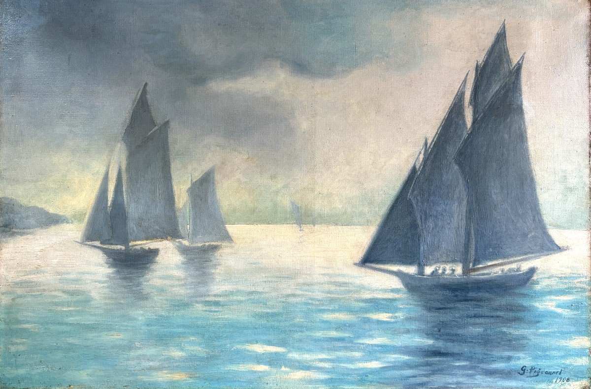 Breton School, 1908, Marine: Boats Offshore, Oil On Canvas