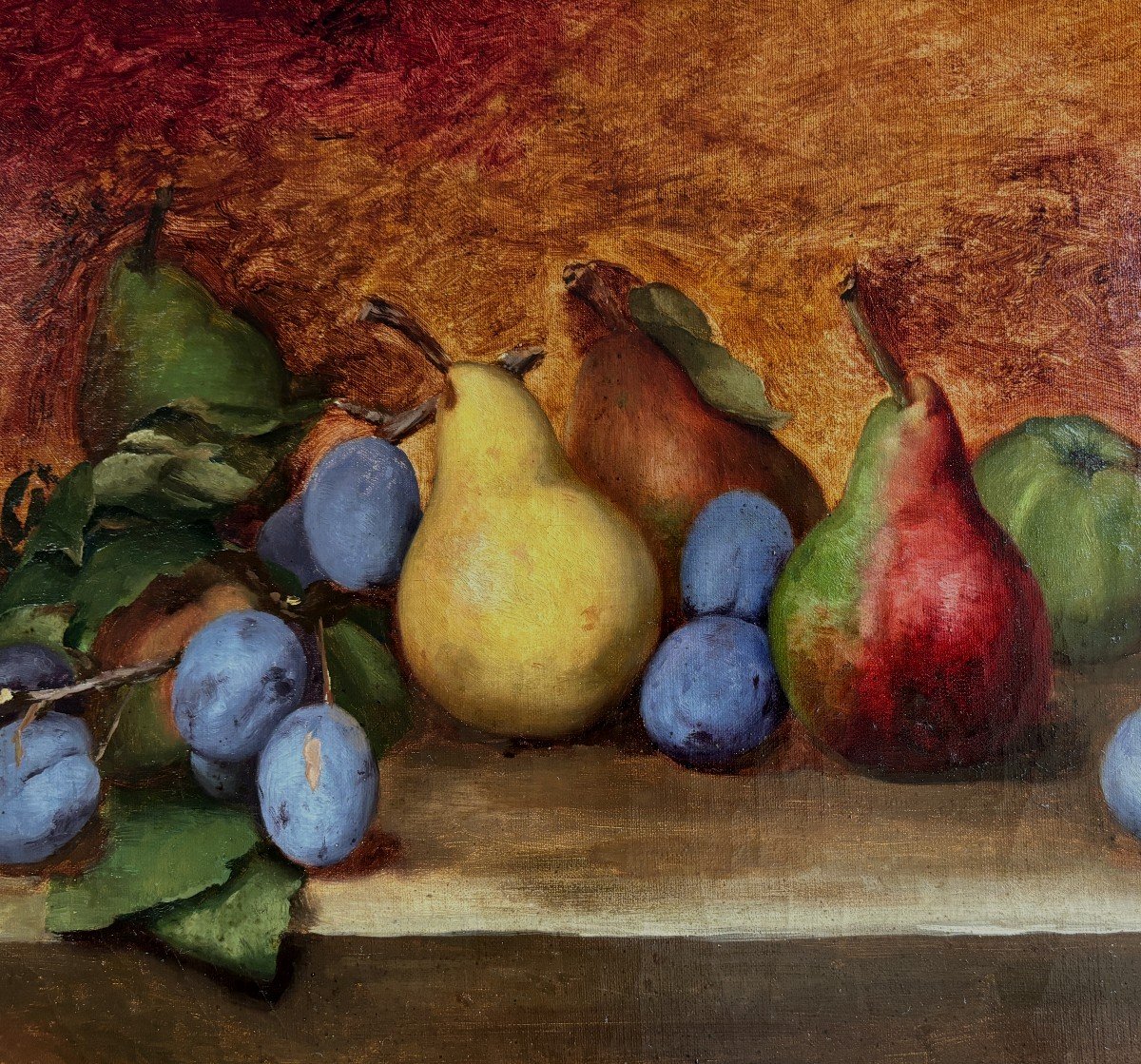 French School 19th Century, Still Life With Fruit: Pears, Plums And Apples, Oil On Canvas-photo-3