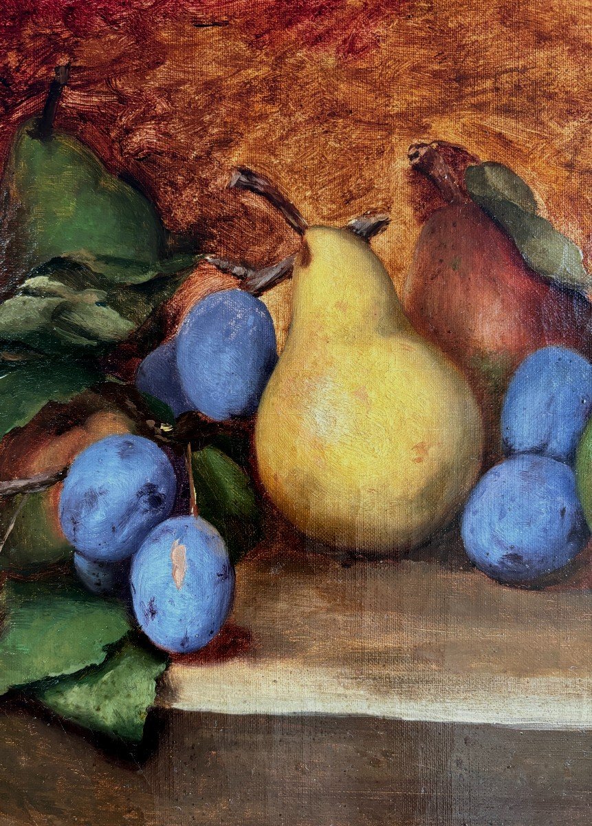 French School 19th Century, Still Life With Fruit: Pears, Plums And Apples, Oil On Canvas-photo-4