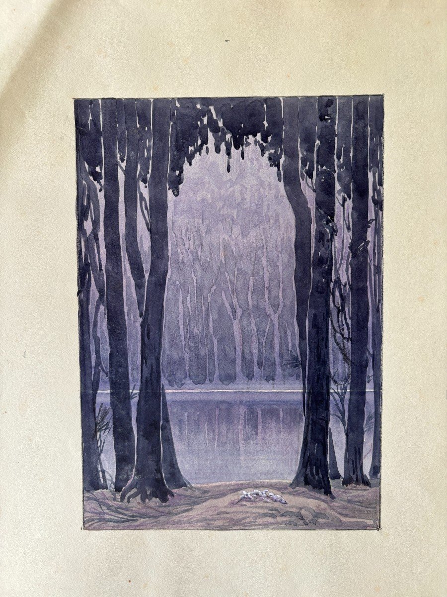 André Morisset (born 1876), Forest By The Lake, Drawing, Symbolism-photo-2