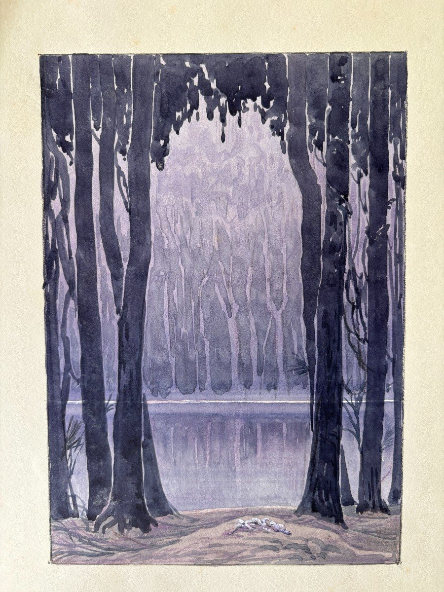 André Morisset (born 1876), Forest By The Lake, Drawing, Symbolism-photo-3