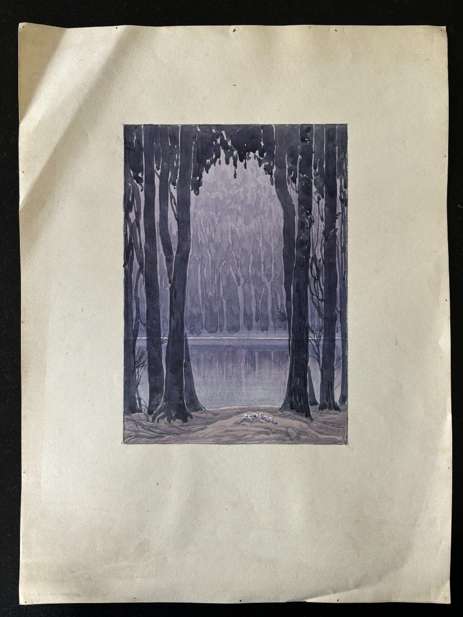 André Morisset (born 1876), Forest By The Lake, Drawing, Symbolism-photo-4