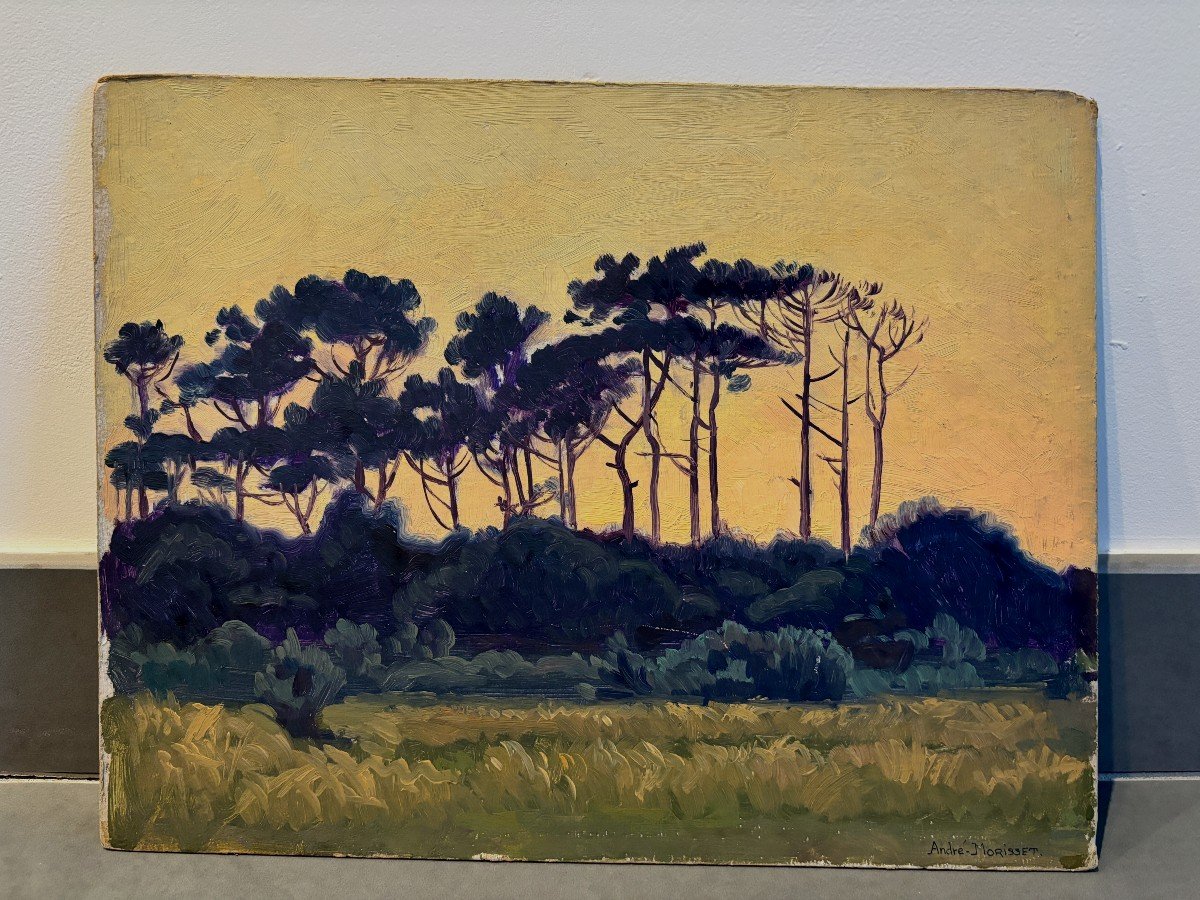 André Morisset (born 1876), Parasol Pines At Sunset, Oil, Symbolism-photo-2