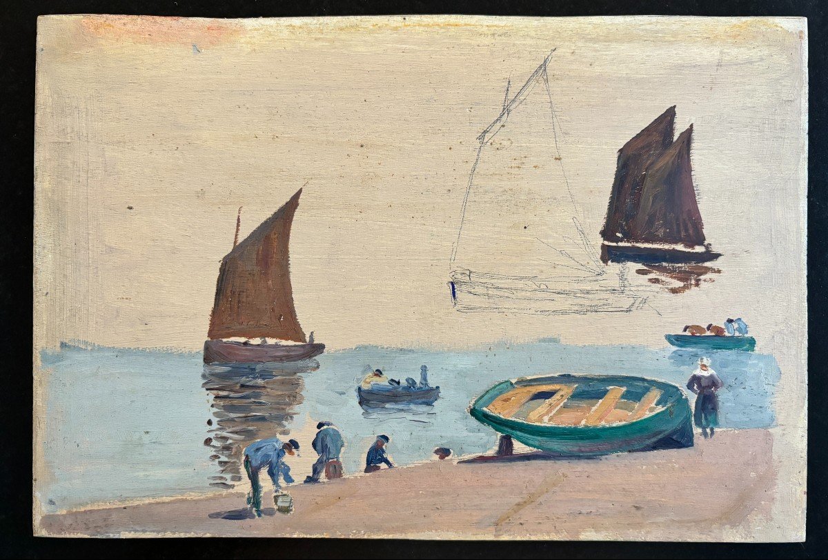 André Morisset (born 1876), Study Of Sailors And Boats In Brittany, Oil-photo-1