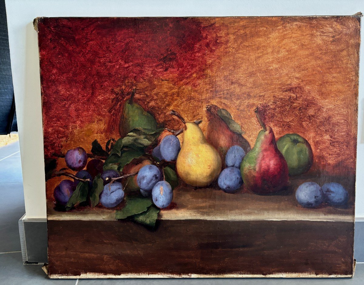 Ecole Française fin du XIXe Siècle, Nature Morte Aux Fruits : Prunes Et Poires, Huile Sur Toile-photo-2