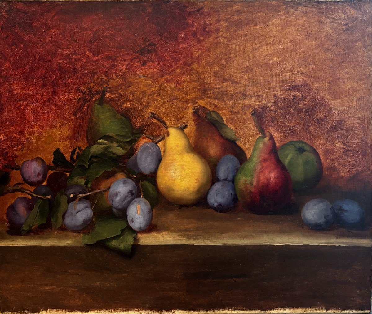 Ecole Française fin du XIXe Siècle, Nature Morte Aux Fruits : Prunes Et Poires, Huile Sur Toile