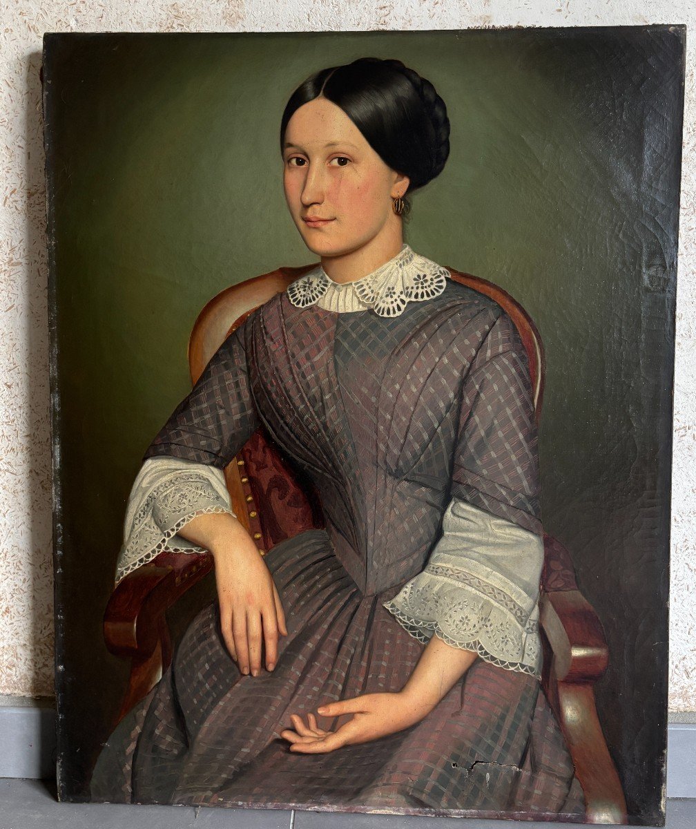 French School Circa 1860, Large Portrait Of Young Woman With Lace, Oil On Canvas-photo-2