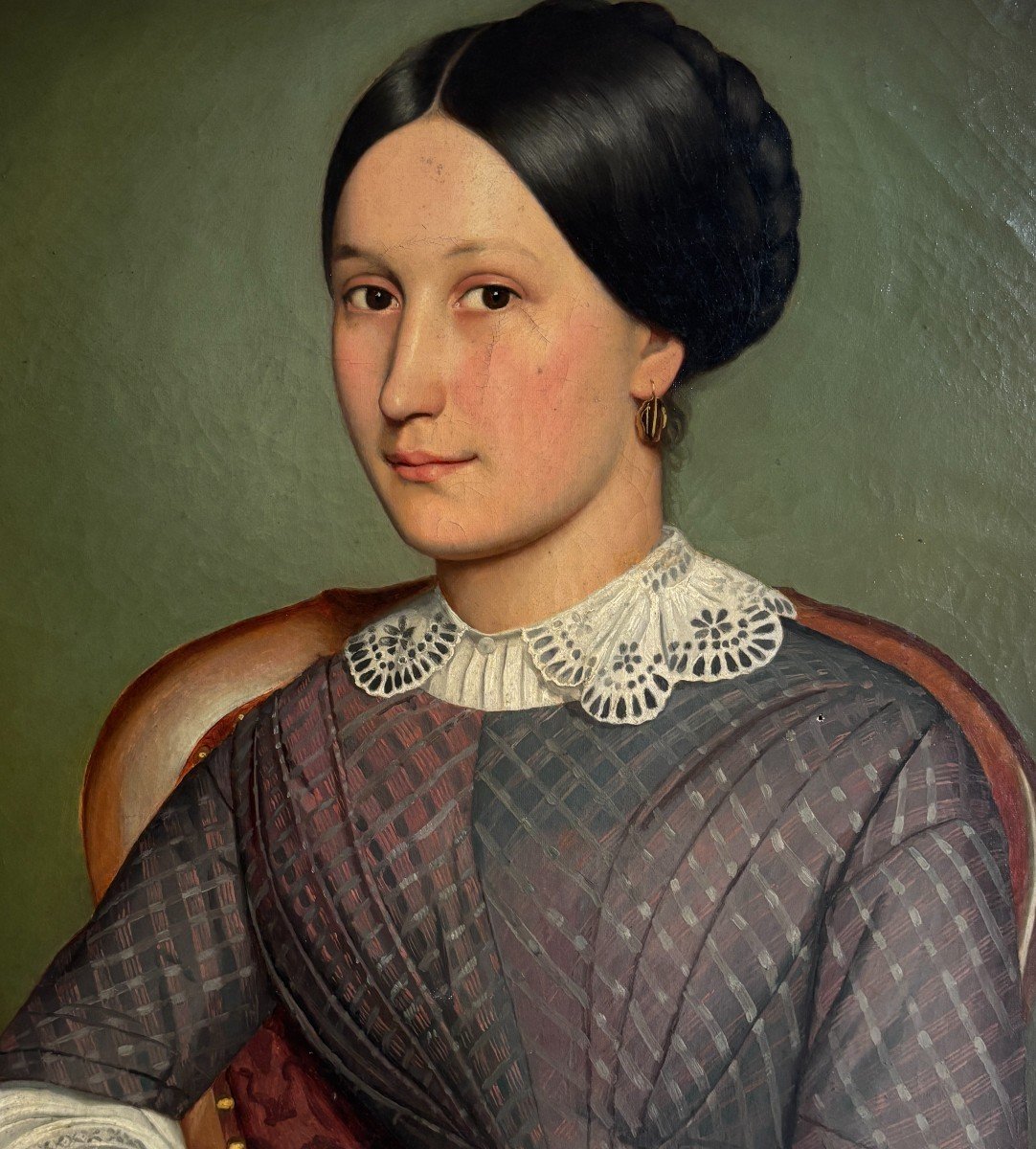 French School Circa 1860, Large Portrait Of Young Woman With Lace, Oil On Canvas-photo-3