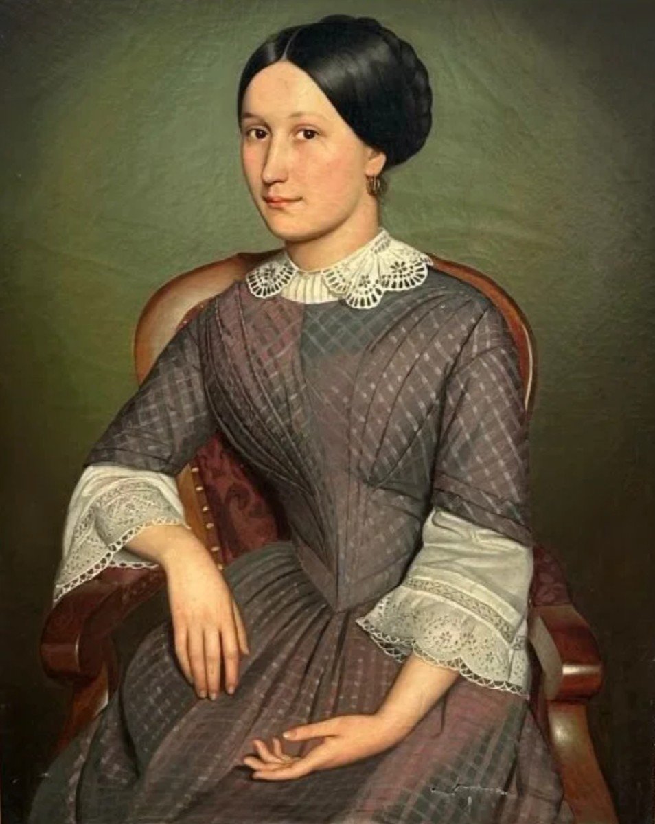 French School Circa 1860, Large Portrait Of Young Woman With Lace, Oil On Canvas