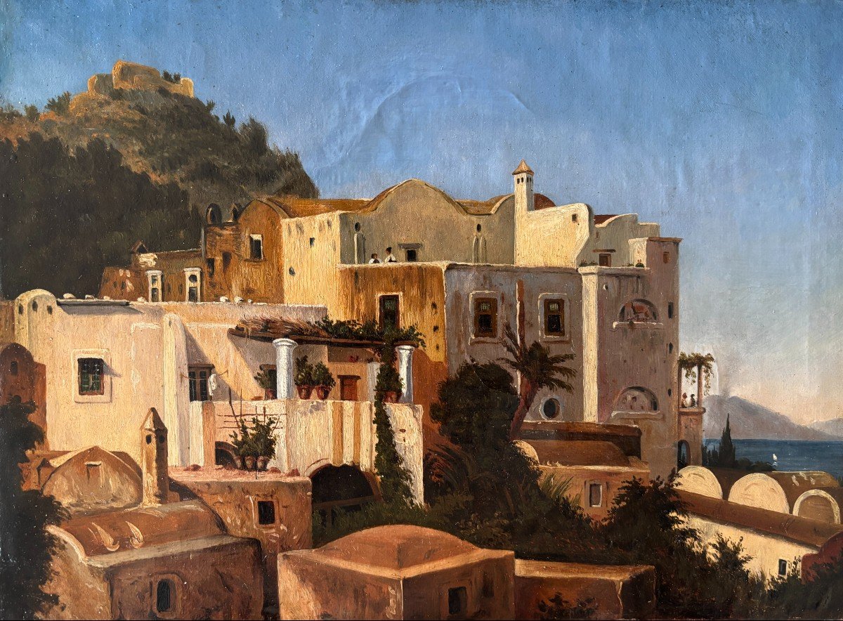 19th Century French School, Animated View Of Capri, Italy, Oil On Paper Mounted -photo-2