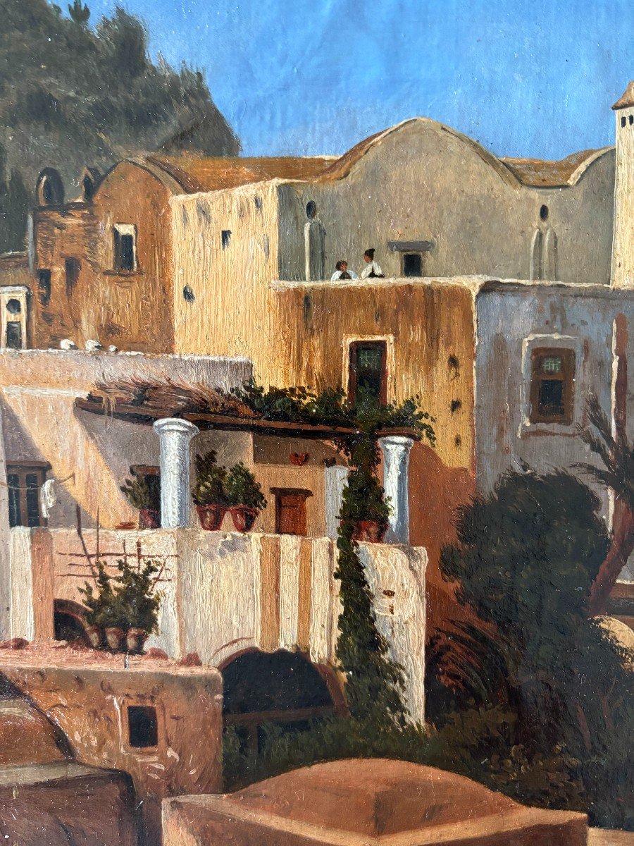 19th Century French School, Animated View Of Capri, Italy, Oil On Paper Mounted -photo-3