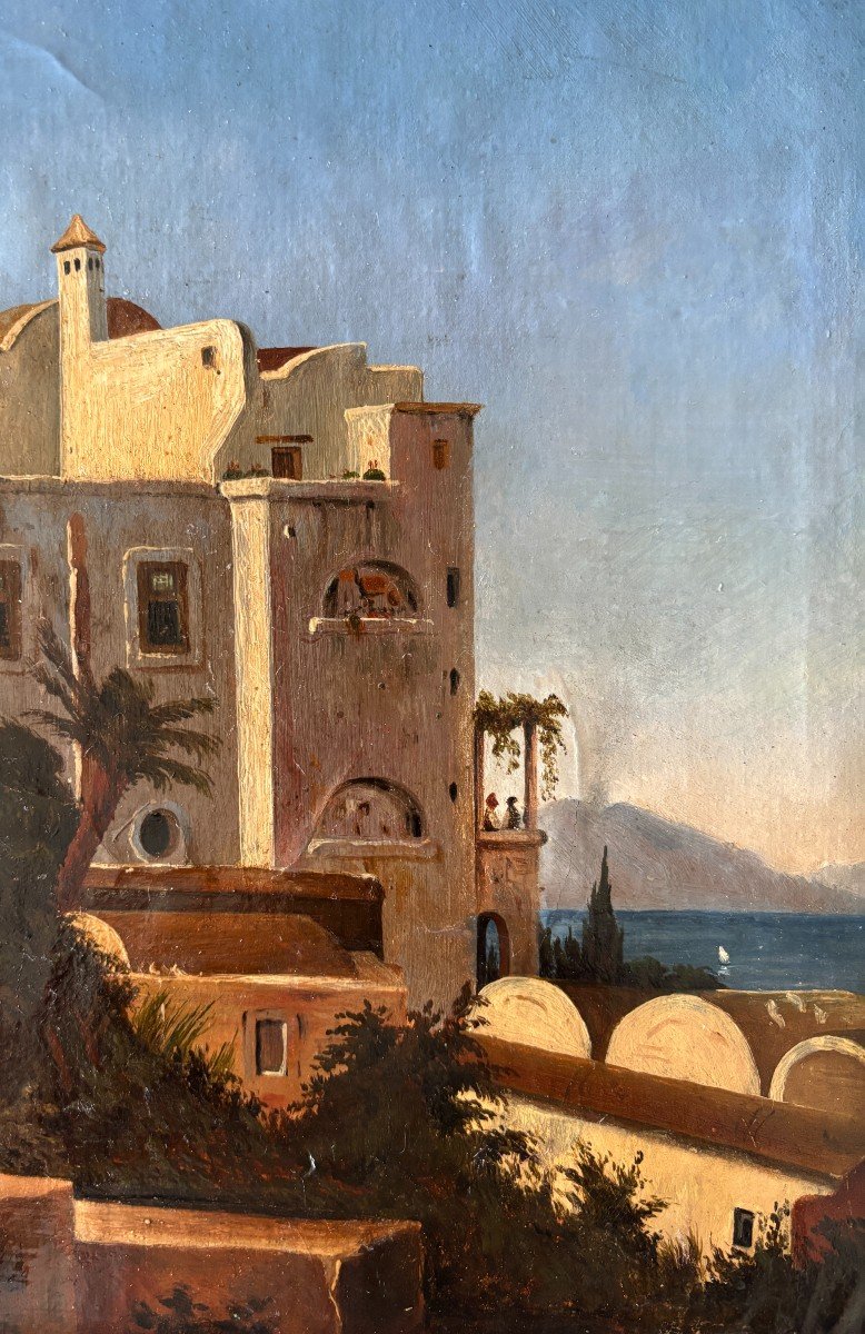 19th Century French School, Animated View Of Capri, Italy, Oil On Paper Mounted -photo-4