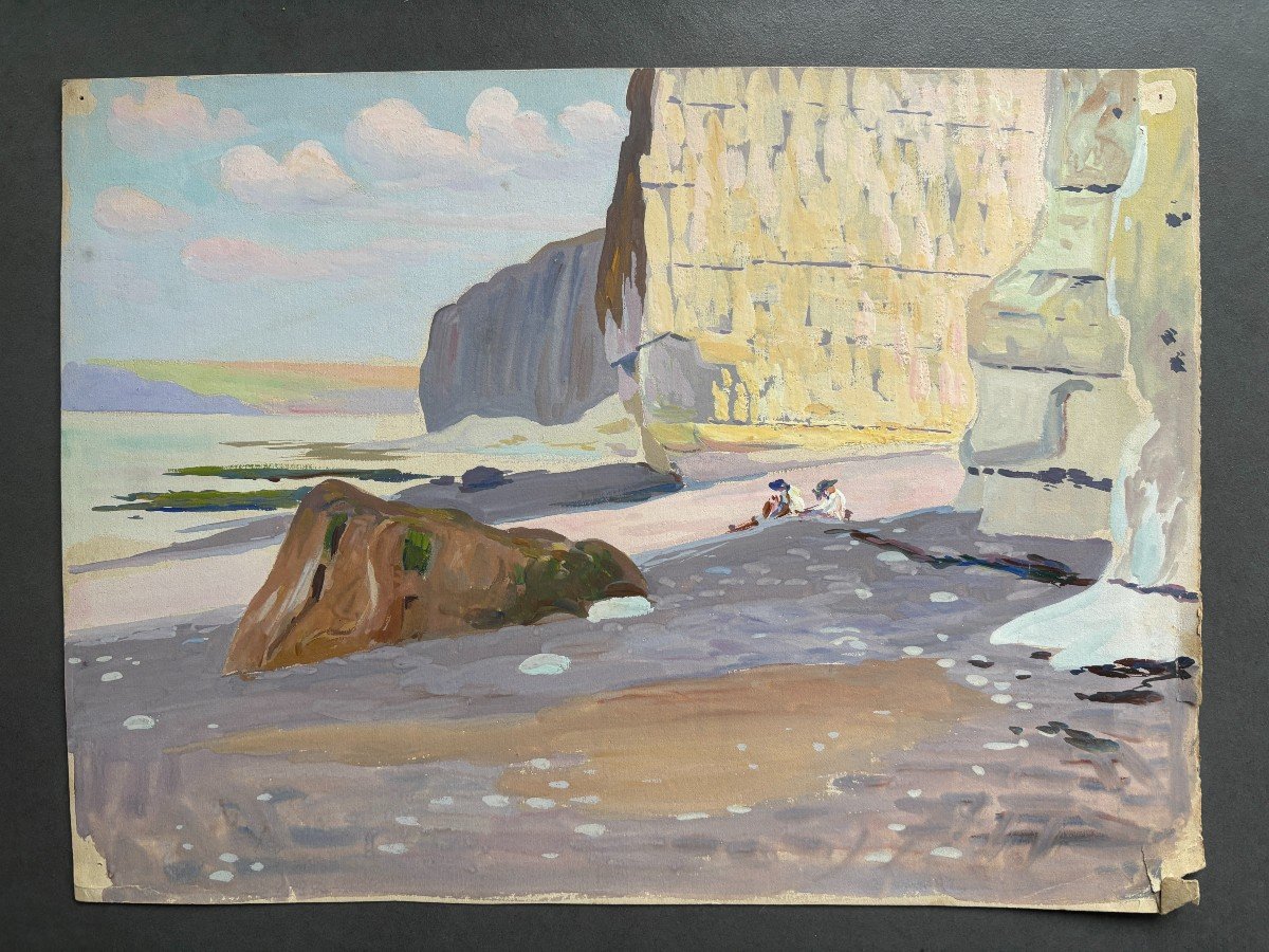 André Morisset (1876-1954) , Falaises Et Plage Animée En Normandie Ou Bretagne, Dessin-photo-2