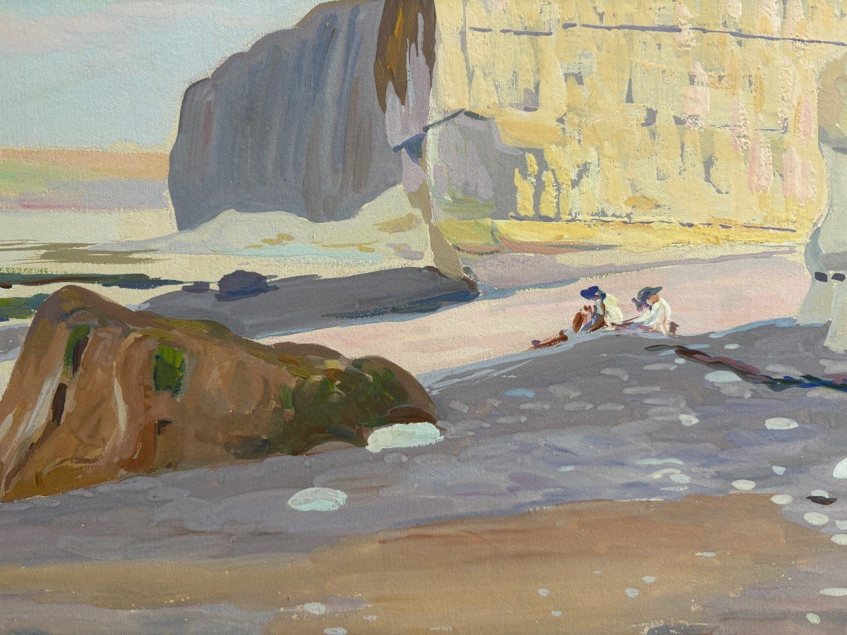 André Morisset (1876-1954) , Falaises Et Plage Animée En Normandie Ou Bretagne, Dessin-photo-3