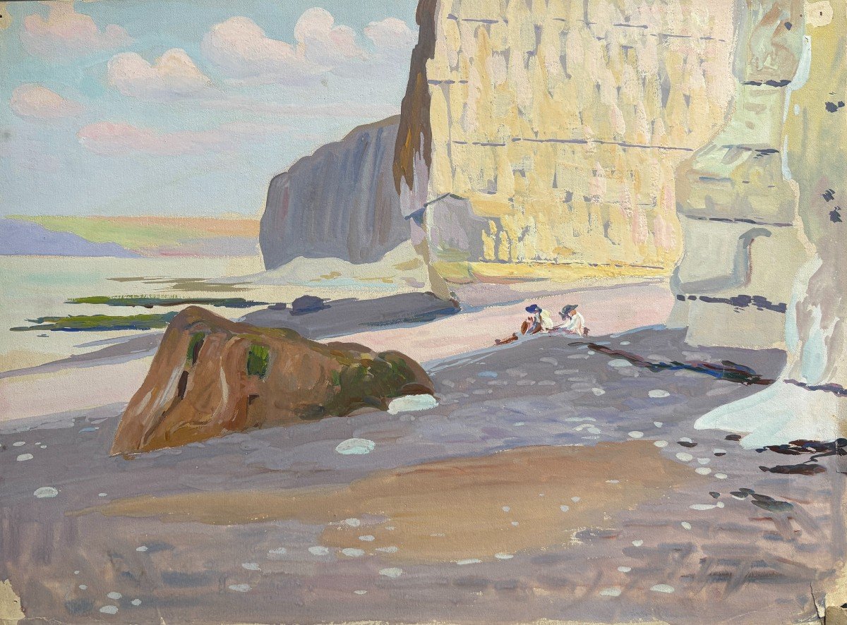 André Morisset (1876-1954) , Falaises Et Plage Animée En Normandie Ou Bretagne, Dessin