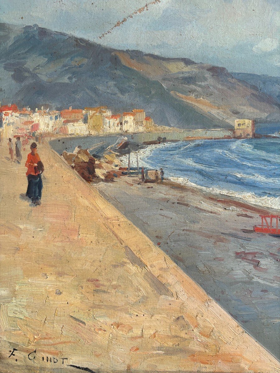 Franck Cinot (1851-1890), Seaside: The Boulevard Of Menton In The Mediterranean, Oil On Canvas-photo-3