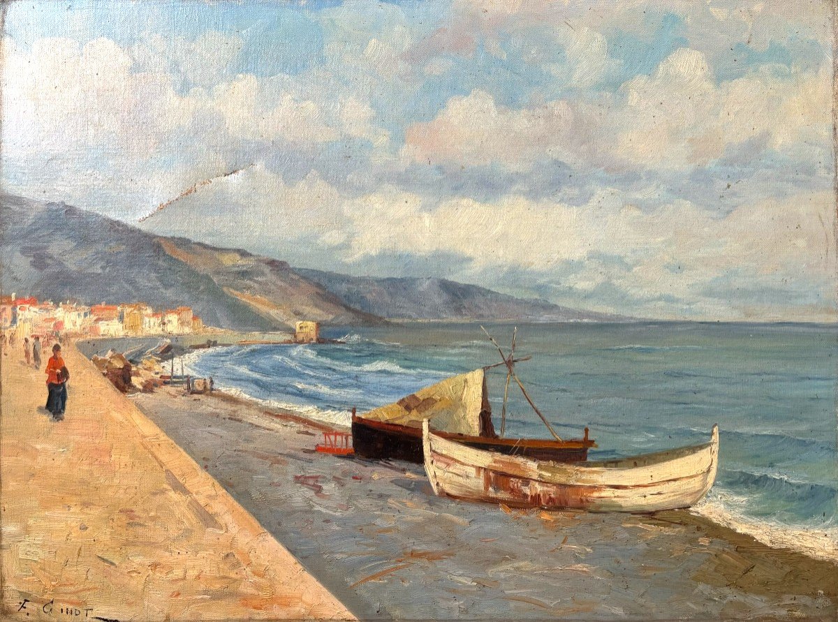 Franck Cinot (1851-1890), Seaside: The Boulevard Of Menton In The Mediterranean, Oil On Canvas