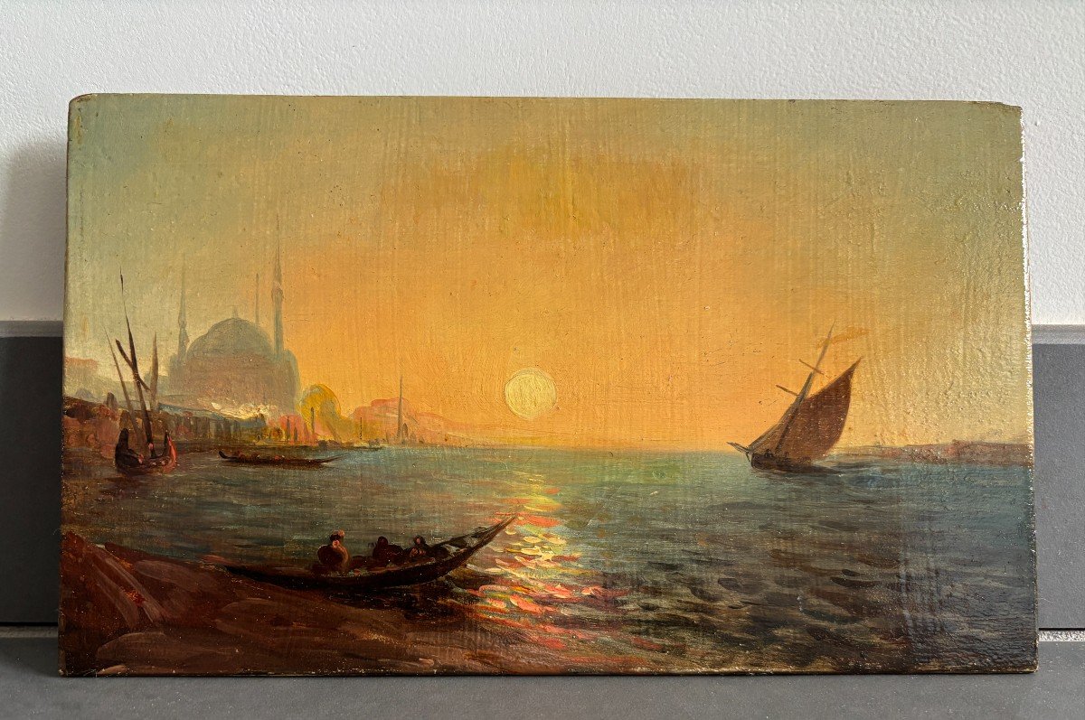 School Late 19th Century, View Of Istanbul From The Bosphorus, Türkiye, Mosque, Oil On Panel-photo-2